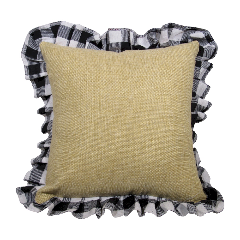 14" Jute Farmhouse Throw Pillow Cover with Buffalo Plaid Ruffle - WHITE - CLOSEOUT